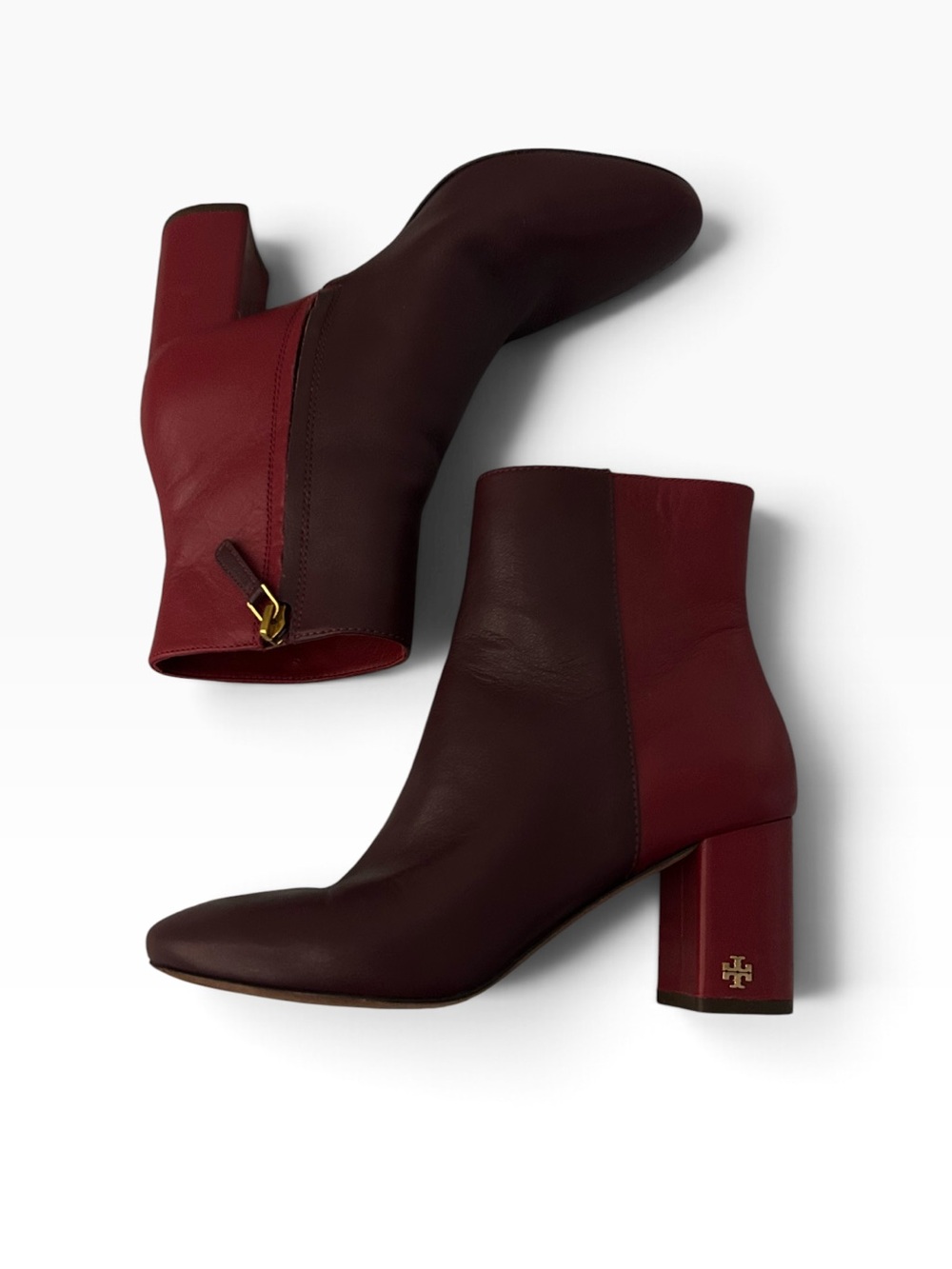 Tory Burch Brooke Two-Tone Leather Ankle Boots Burgundy Red Size 6